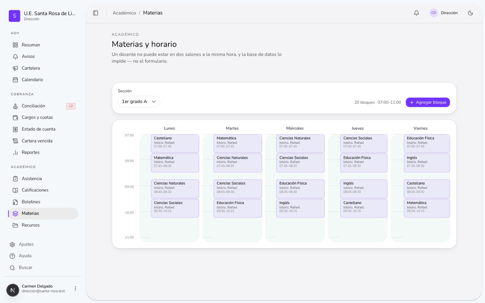 Aulasis: materias y horario semanal por sección